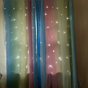 Black Out with Sheer Overlay Star Cut Outs Curtain Panels in Rainbow Pastels